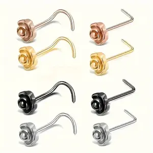 8-Piece Rose Nose Stud Set, Flower-Shaped Piercings in Rose Gold, Gold, Black & Silver, Includes Curved & L-Bend Styles for Everyday & Delicate Styling