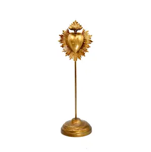 14" Ex Voto Sacred Heart Locket on Stand, Antiqued Gold