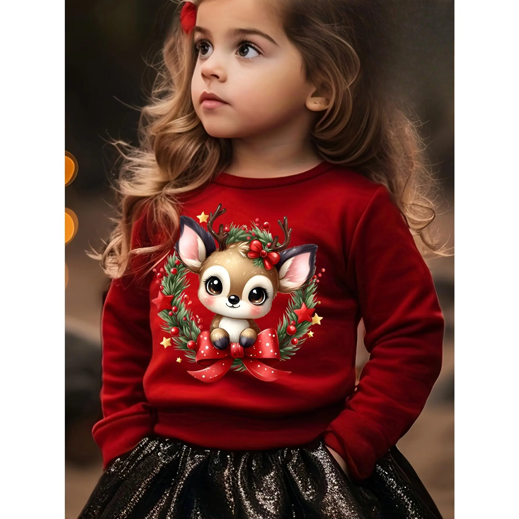 Girls' Christmas Cotton Sweater - Round Neck, Thick Fleece-Lined Red Graphic Top with Reindeer Motif, Slight Stretch, Cozy Holiday Party Outfit, Easy-Care Kids' Fashion