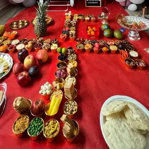 Annaprsan Bowl Rice Weaning Ceremony Bowl for Traditional Rituals with Assorted Food Items Displayed on Red Tablecloth Fruitbowl Box Tableware