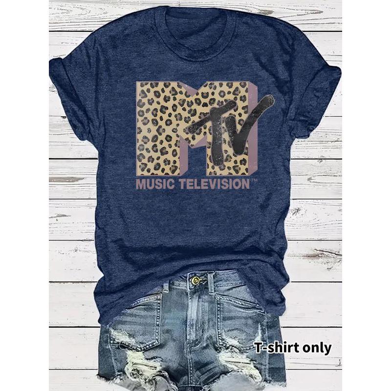 Women's MTV Leopard Print Round Neck Tee Fitted Short Sleeve T-Shirt for Summer Casual Wear Ladies Clothes Top with Unique Print and Durable Fabric