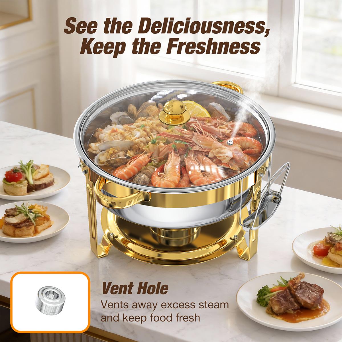WARMOUNTS 6.5QT Gold Chafing Dishes for Buffet with Glass Lid , Round Chafers and Buffet Warmers Set with Mirror-Polished Stainless Steel, Rolled Rim, Stackable, Lid Holder for Parties, Weddings (2/4/6 Pack）