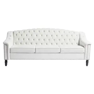 Giratree Furniture 80" Velvet Chesterfield Sofa, Mid-Century Modern Tufted Upholstered Couch with High Back and Solid Wood Legs, Sleeper 3 Seater Sofa for Living Room and Office