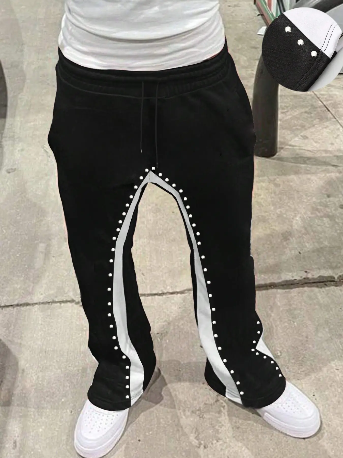 Men's Casual Long Pants, Premium Fabric, Patchwork & Studs Decor, Durable Craftsmanship, Perfect for Street Style & Creative Activities