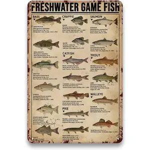 Metal Fishing Decor Wall Art - Freshwater Game Fish Sign, Vintage Fishing Hunting Sign for Boys Room, Cabin Lake House, Fishing Wall Decor Accessories, Boys Fishing Gifts, 8 x 12 inch
