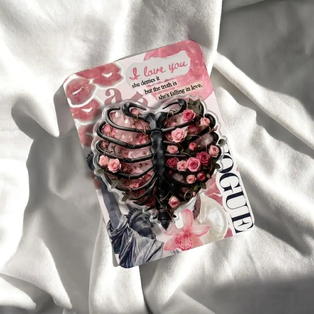 Gothic Rib Cage Phone Grip with Roses | Black Skeleton Heart Phone Holder | Romantic Goth Floral Phone Top | Dark Academia Aesthetic Gift