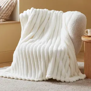 White Throw Blanket for Couch, 300GSM Soft & Warm Fluffy Cream White Blanket, Decorative and Giftable Striped Blankets, 50"x60"