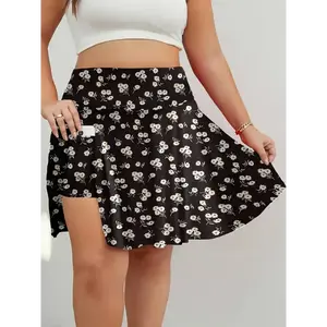 New plus-size women’s sports culotte with pockets; solid color floral design—cute and comfortable; sexy pleated anti-slip skirt