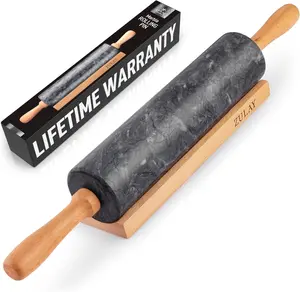 Zulay Kitchen 17-Inch Marble Rolling Pin With Stand - Polished Marble Rolling Pins For Baking - Long Rolling Pin Marble With Beechwood Handle - Non-stick...