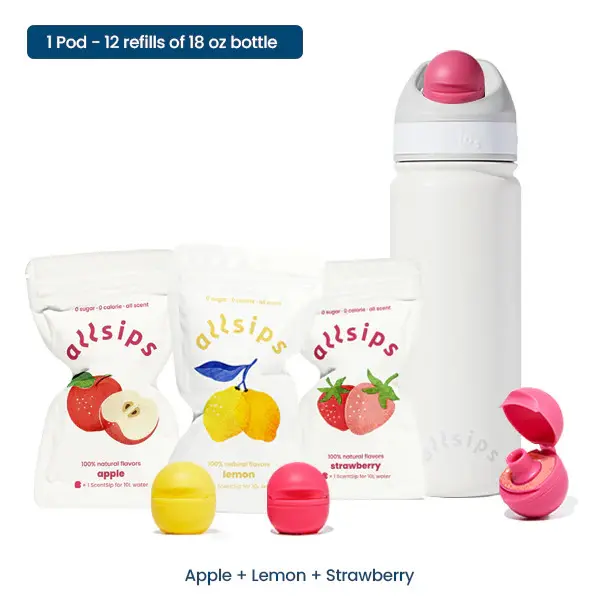 Allsips 3 Scentsip Pods & 18oz Insulated Stainless Steel Water Bottle with Straw Apple Lemon Strawberry Scented Water Bottle with ScentSip Pods