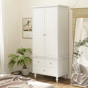FUFU&GAGA 2-Door Wardrobe - Free Standing Wood Closet with Hanging Rod Shelves & Drawers Modern Carved Design Silver Knobs Bedroom Storage Organizer Furniture Aesthetic Organization