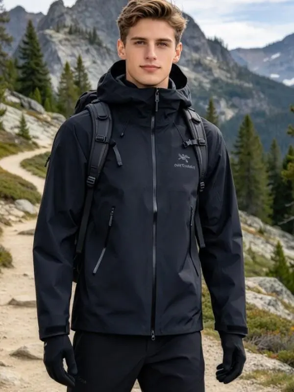 Black Hooded Outdoor Hard Shell Jacket, Waterproof Windproof Hiking Rain Coat, Unisex Outerwear