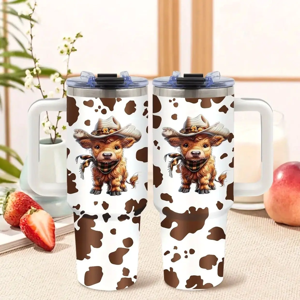 1pc 40oz Highland Cattle Cow Cup Travel Must Haves Cups With Lids And Straws Gift For Cow Lovers Insulated Water Bottle A Gift For Friend Mom Easter Quencher Tumbler Stainless Steel Flask Portable Vacuum Flasks Drinkware