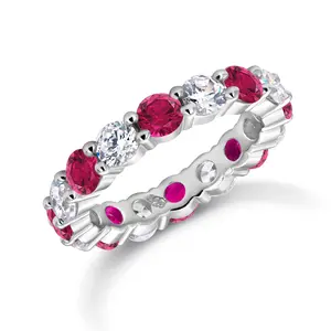 925 Sterling Sliver Eternity Band Ring, Simulated Ruby And Cz Eternity Ring, Round Cz And Simulated Ruby Ring, Wedding Band Ring, Silver Ring