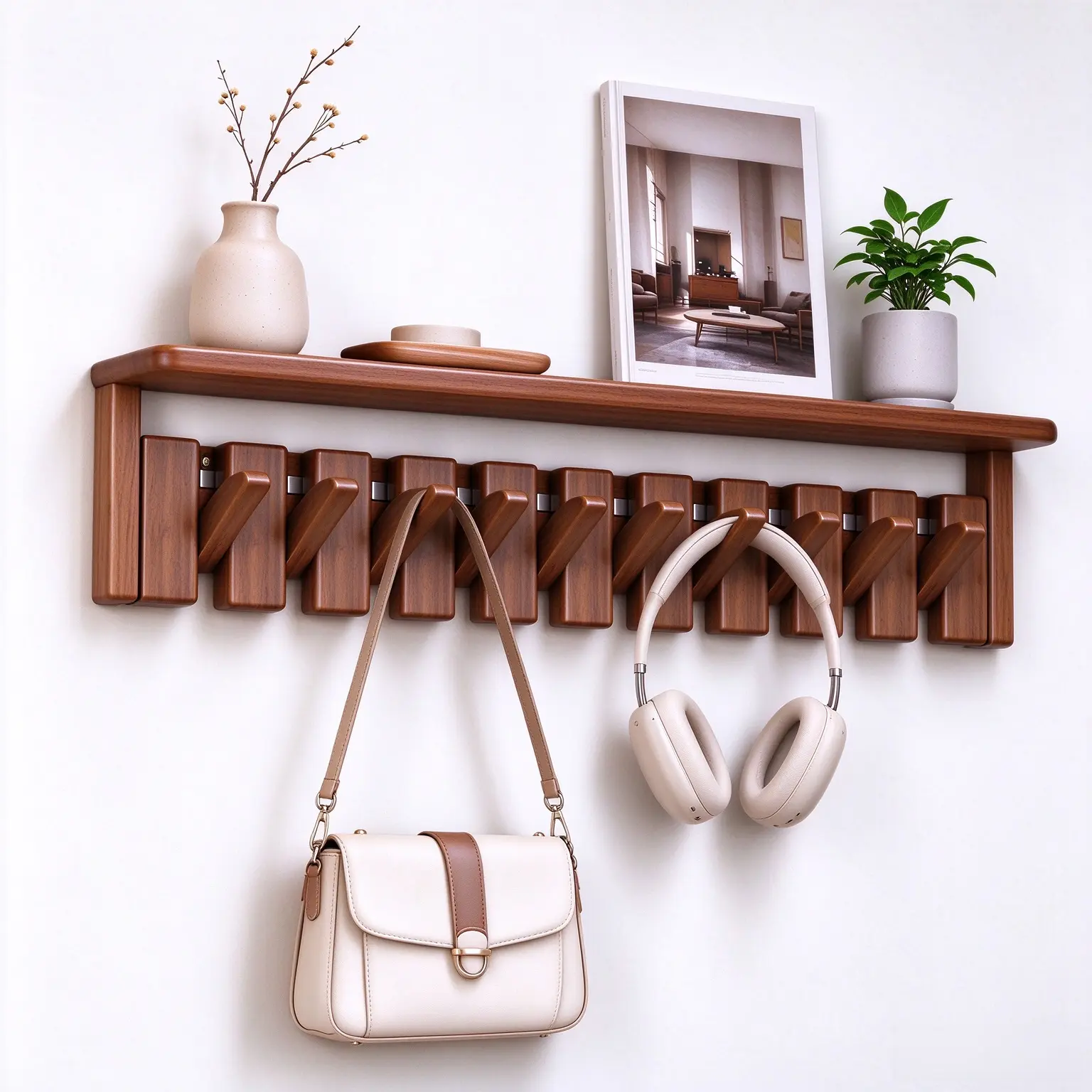 Paint Wood Wall Mounted Coat RackHooks Piano Key Hangers Natural Solid Wood Hanger Non-Woven Fabric Clothes Hangers for Closet, Kitchen, Bedroom, Bathroom, Entryway (Shelf+Walnut, 8,10，12 Hooks)