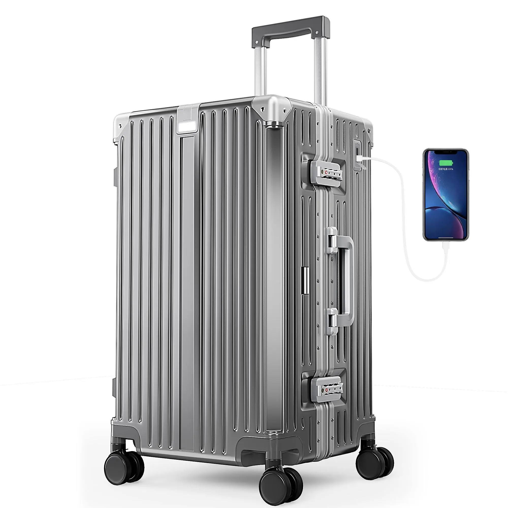 PHIVILLA Trunk Luggage, Large 24/26/28/30 Inch Thickened Aluminum Frame Luggage with TSA Spinner Wheels, 3-Layer PC Hardside Zipperless Travel Suitcase with Type-C USB Charging Port, Cup Holder