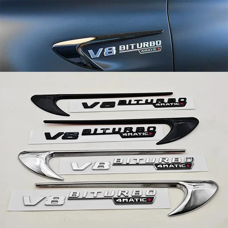 2pcs 3D ABS Vent Fender Trim Emblem Blade V8 BITURBO 4MATIC Logo Car Sticker Fender Badge For Mercedes Benz E300 E400 E53S E63S