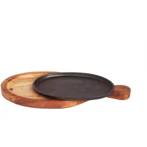 Fajita Pan with Wooden Tray Handle, Sizzling Brownie Sizzler Plate/Tray with Wooden Base With Handle