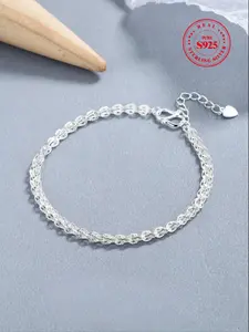 925 Sterling Silver Women's Simple Heart Charm Bracelet, Fashionable Jewelry for Party, Daily Clothing Decor for Girl, Trendy Exquisite Jewelry for Gift, Bracelet with Charms
