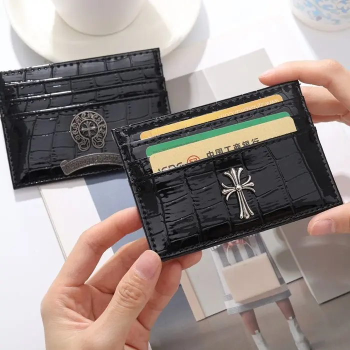 Gothic Silver Cross Crocodile Texture Card Holder, Black Patent Leather Slim Credit Card Wallet