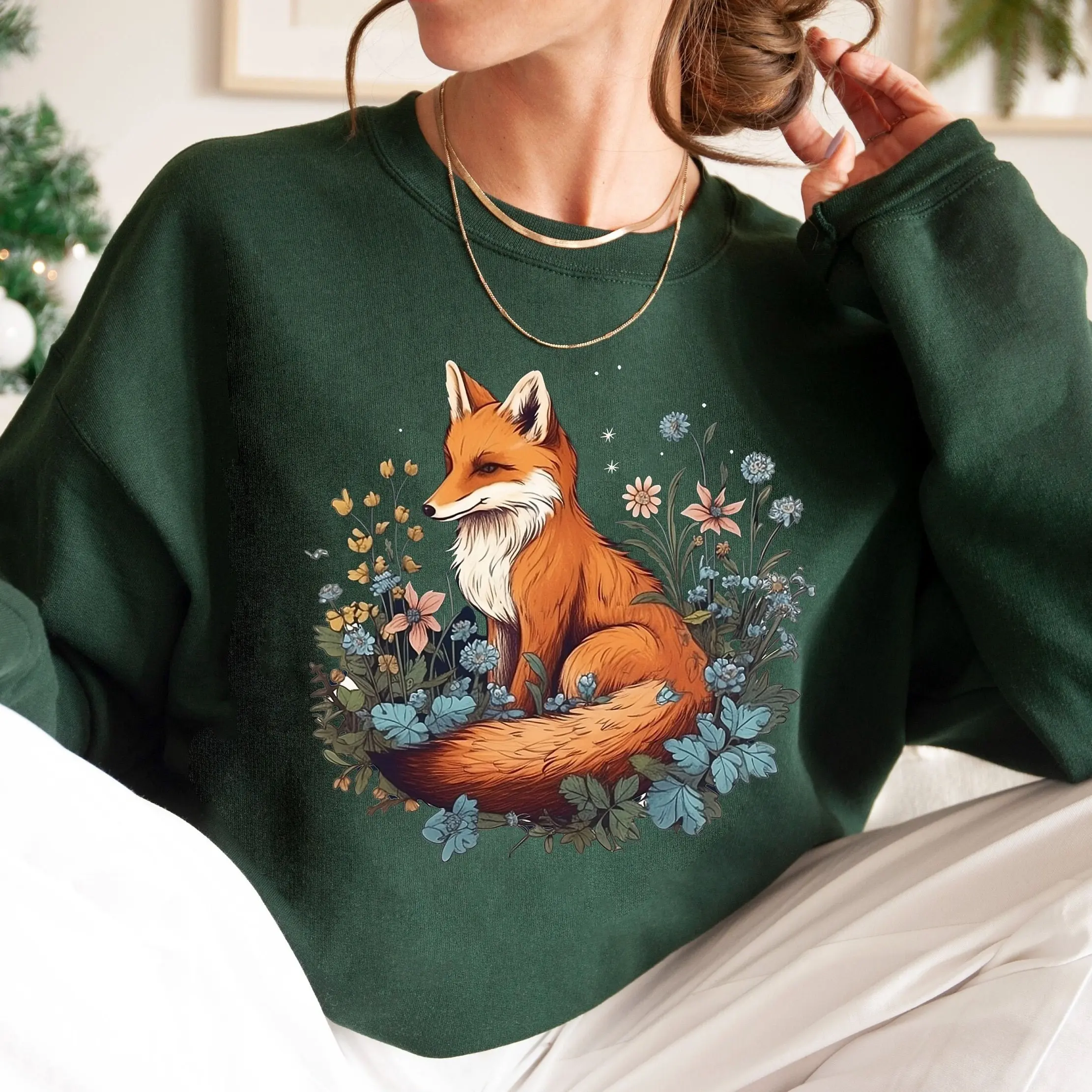 Cute Fox Sweatshirt, Flower Fox Sweatshirt, Forestcore Sweatshirt, Animal Sweater, Fairycore Sweatshirt, Floral Fox Sweatshirt, Fox Tee Cotton Crewneck Sweater Womenswear Tops Women Lady