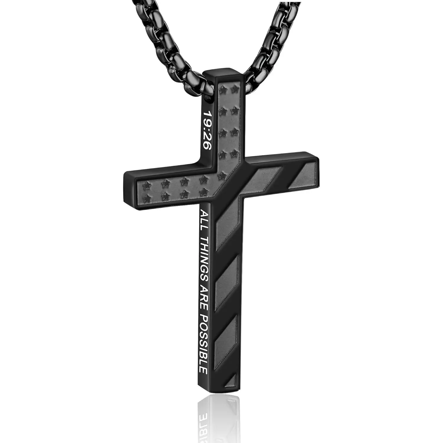 Cross Necklace for Men Boys Stainless Steel 22" Chain Waterproof American Flag Bible Verse Pendant Religious Jewerly Gift for Father Boyfriend Son
