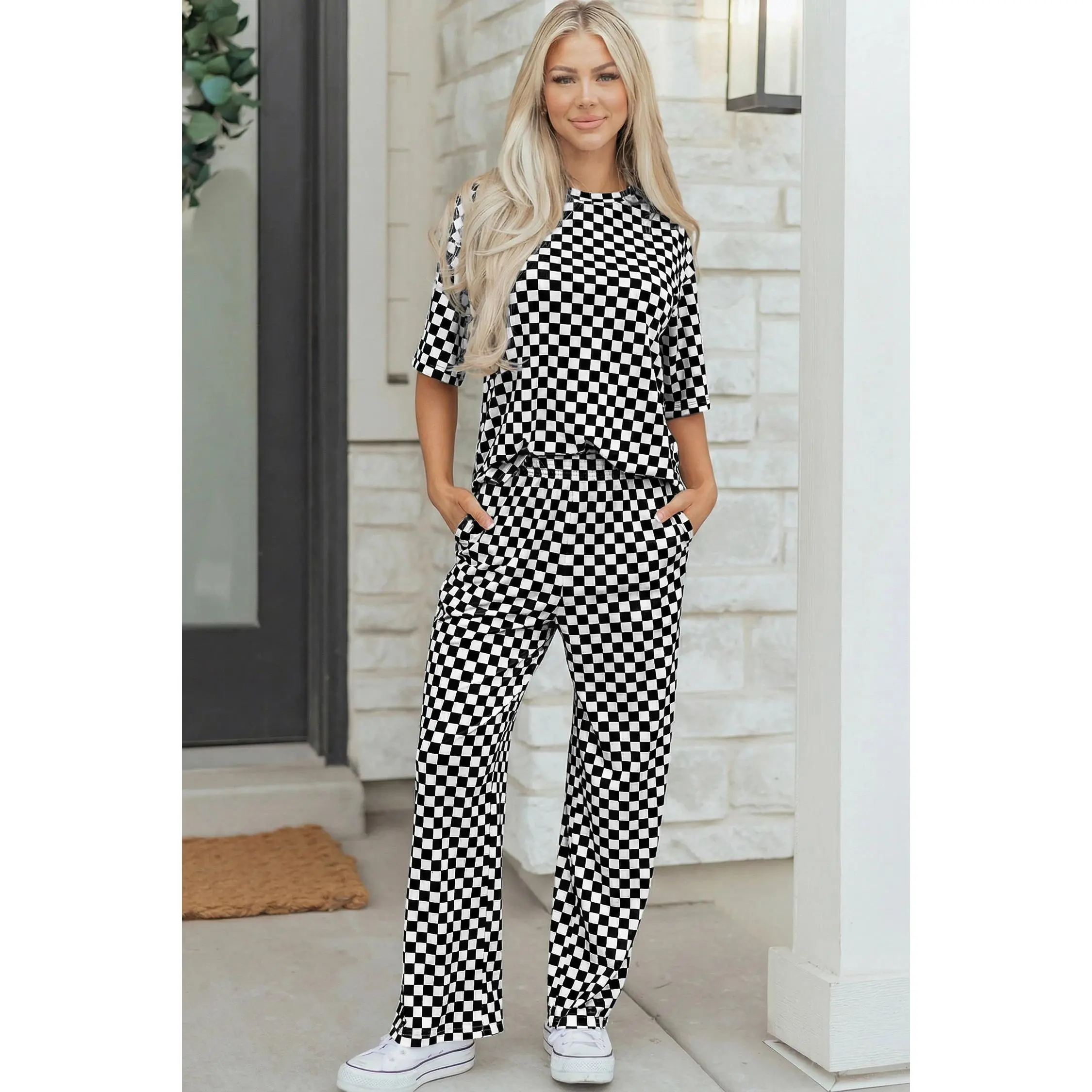 Black Checkered Print Half Sleeve Tee 2pcs Lounge Pant Set