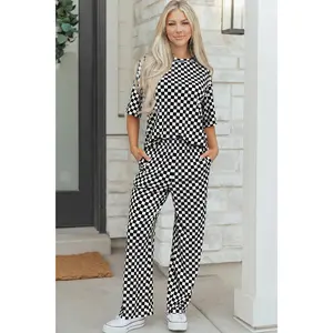 Black Checkered Print Half Sleeve Tee 2pcs Lounge Pant Set