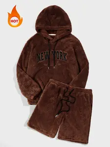Two-piece Set Men's Letter Embroidery Patched Drawstring Thermal Lined Hoodie & Pocket Shorts, Regular Fit Casual Long Sleeve Hooded Sweatshirt & Track Shorts, Men's Two-piece Outfits for All Seasons, Clothes, Menswear