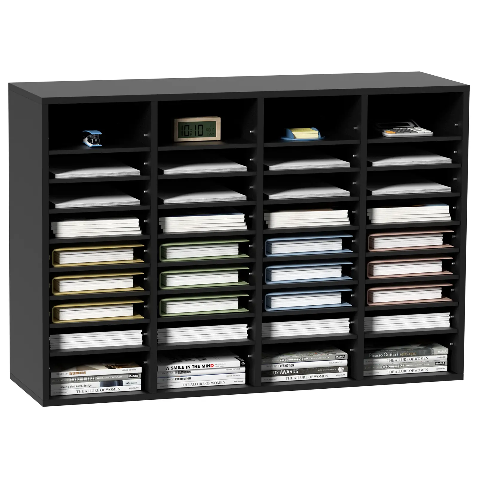 【Summerfinds】VEVOR 36-Compartment Wood Literature Files Organizer - Removable Shelves, Adjustable Dividers, Mailbox Slot, EPA Certified Black Desktop Accessory for Office, Home Desk Stationery Holder