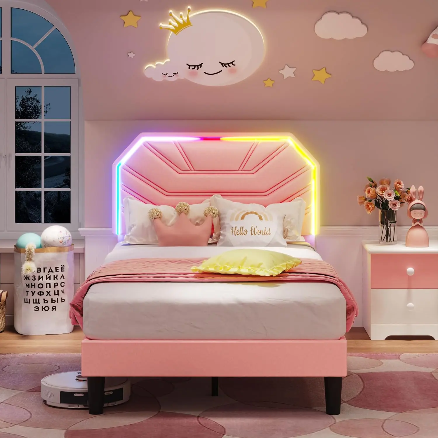 LIKIMIO PU Leather Smart Platform Bed Frame - Upgraded Modern Upholstered Indoor Furniture with RGB LED Lit Headboard, Heavy-Duty Supports, No Box Spring Needed, Noise-Free, Self-Assemble, Fits 8-12 in Mattresses, Adjustable Bed Frames Component