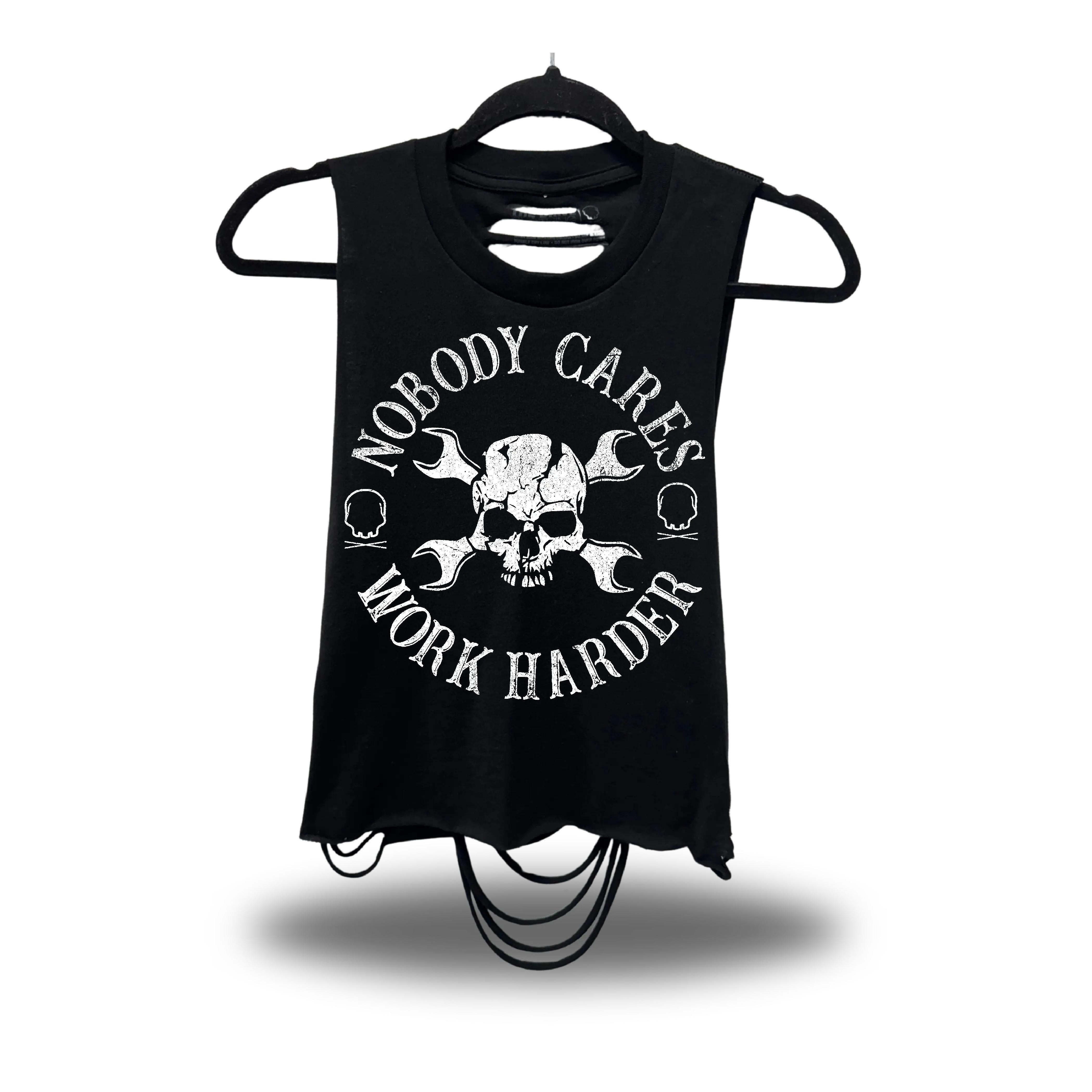 TheDriveClothing Nobody Cares Road Rash Razor Cut Black Crop Tank Top – Black Unisex Y2K Streetwear Tee, Edgy Biker Crop, TikTok Fashion, Festival Outfit, Raw Vintage Style Shirt