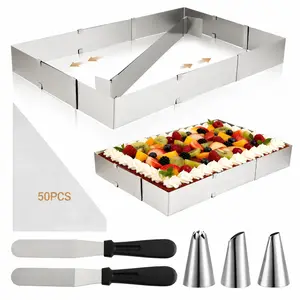 Adjustable Rectangular Baking Frame – Stainless Steel Rectangular Baking Pan, Square Cake Pan with Dividers, Spatula, Piping Bag & Nozzles, Dishwasher-Safe Square Cake Ring for Baking and Desserts
