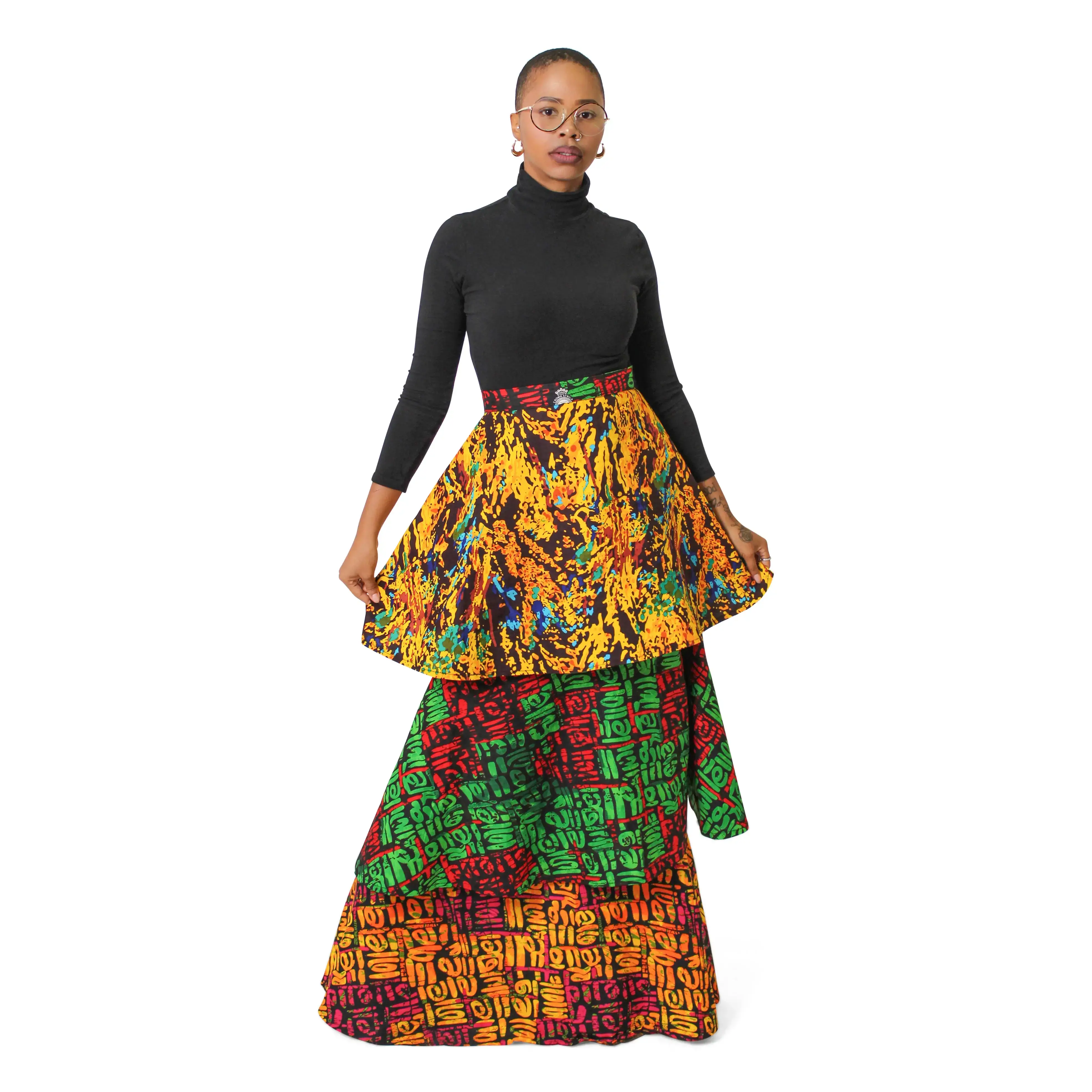 Women's Oma Triple-Layered Maxi Skirt Bottoms, Stylish Fabric, Eye-Catching Prints, Statement Ankara Print Formal Wear, Maxi Length, Everyday, Bold Artistic Fusion, Structured Band, Tribal, All Seasons, Flattering Cut, Everyday Wear, Cultural Celebrations