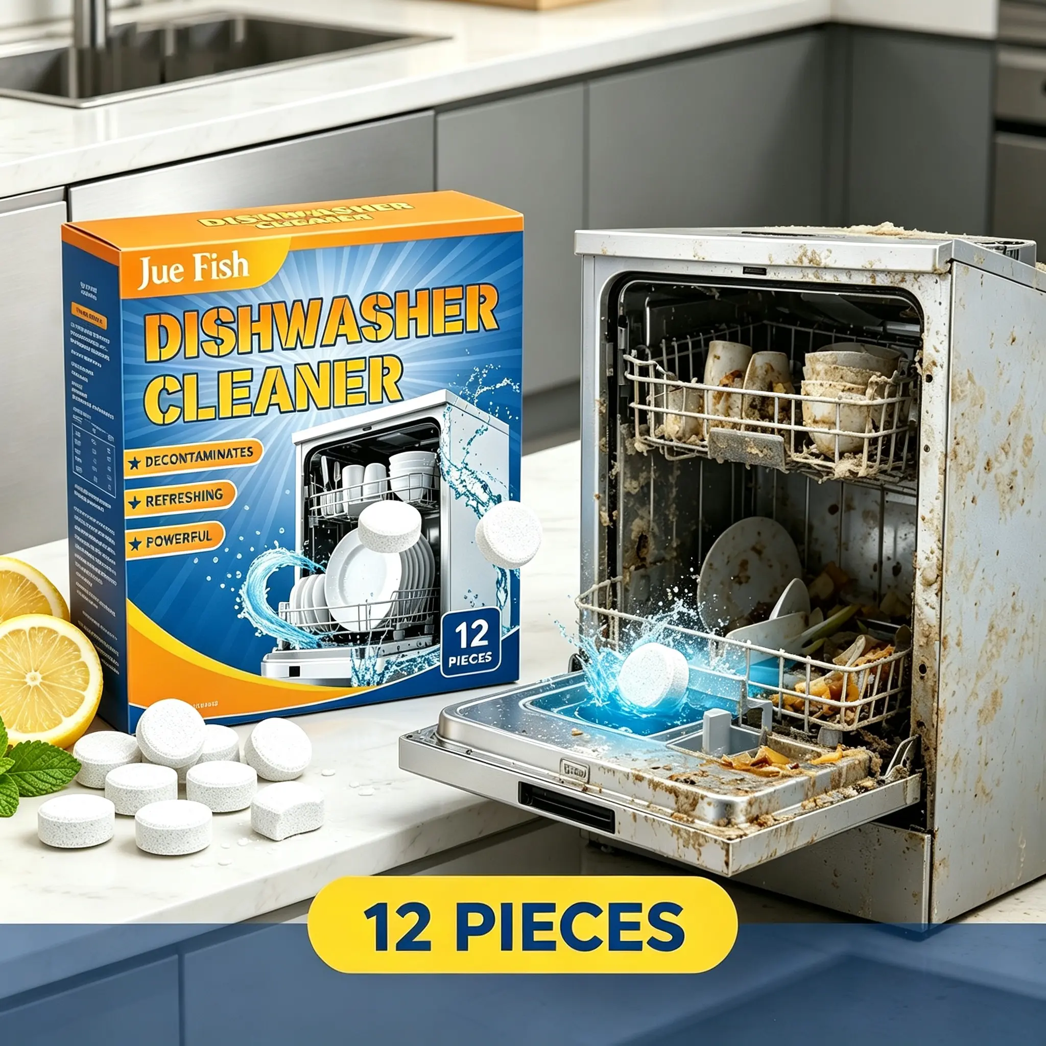 Jue-Fish Dishwasher Deep Cleaning Tablets 12 Count, Citric Acid Limescale Descaler & Odor Remover, Hard Water Stain Cleaner, Septic Safe, 12 Months Supply Compatible with All Major Dishwasher Brands