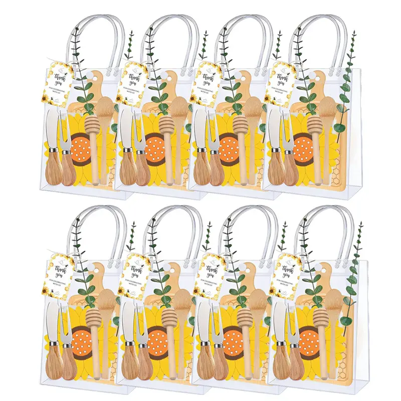 67-Piece Bamboo Honeycomb Cheese & Charcuterie Board Set with Knife, Fork, Honey Stick, Ready-to-Gift Packaging - Party Gift Packs for Birthday, Bee Themed Celebrations