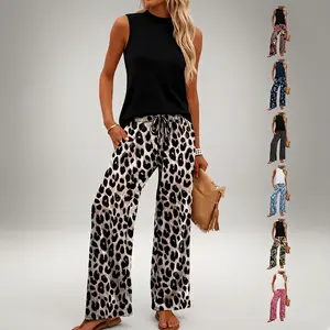 omen's Mock Neck Wide Leg Pants Set 2 Piece Sleeveless Top & Flowy Trousers Summer Travel Airport Outfit