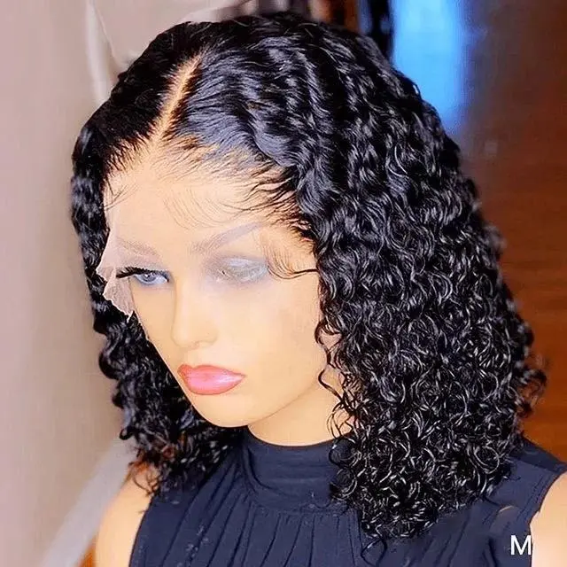 Connie Hair 100% Remy Human Hair 13x4 Seamless Bleached Knot Lace Front Wig - 14in Black Women's Bob Cut, Natural Color Short Deep Curly Wave, Thick Skin-Friendly Easy Dyeing Fade Resistant Heat Resistant Adjustable Average Size