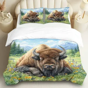 3PCS Duvet Cover Set, 1 Duvet+2 Pillowcases(Without filler), Buffalo Nature Mountain Landscape Meadow theme, Christmas bedding set, Wildlife Rustic Cozy Scenic Suitable for decoration bedroom living room cabin lodge.