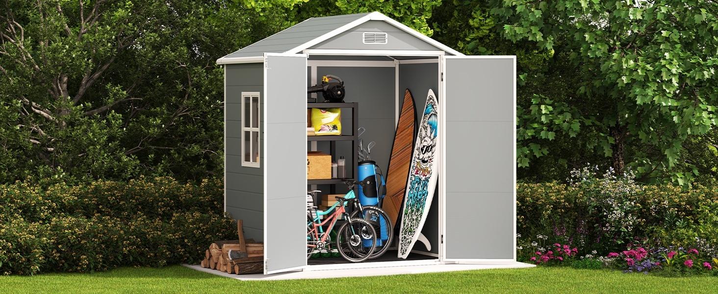 【2 Packages Shipping】Gizoon 6x4.4 FT Outdoor Storage Shed with Floor All-Weather Resin Garden Shed with Lockable Doors & Windows Plastic Tool Sheds for Patio Lawn & Garden Grey