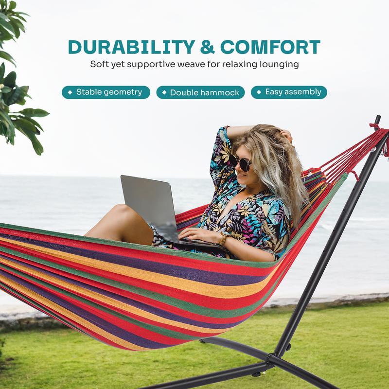 Double Hammock with Space Saving Steel Stand Heavy Duty 2 Person Standing Hammocks 450lb Capacity for Outside Garden Yard with Portable Carrying Bag