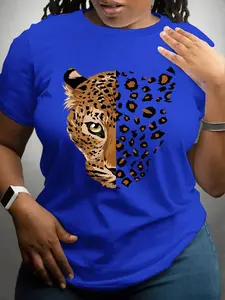 【Plus Size】 Leopard Print Round Neck Tee, Fashion Casual Streetwear Crew Neck Short Sleeve T-Shirt for Daily Outdoor Wear, Women Plus Clothing for Spring & Summer, Top
