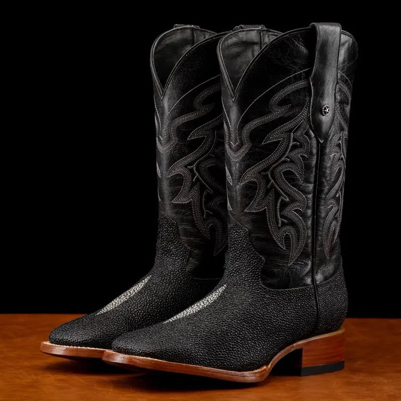 Black Stingray Print Leather Boots - Square Toe