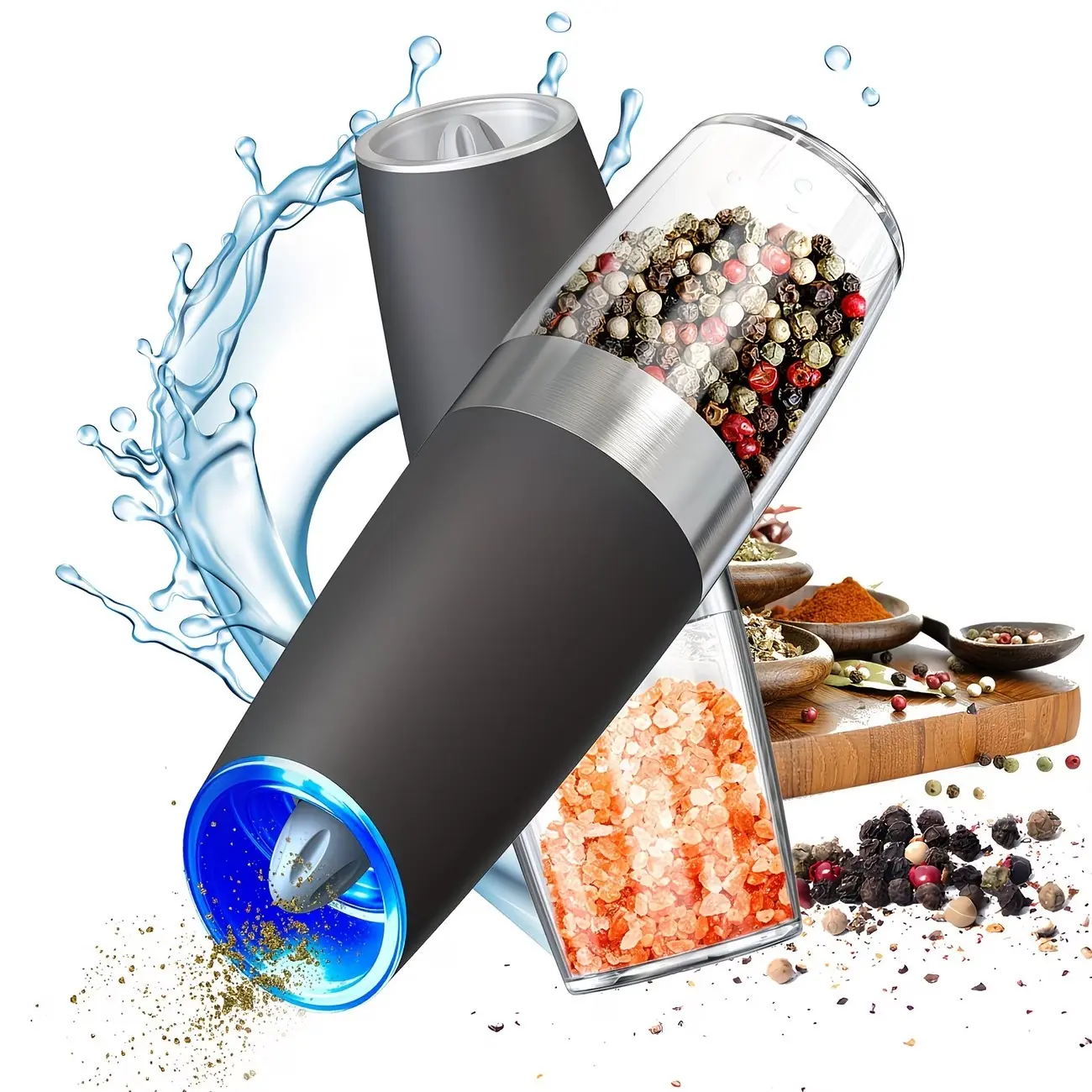 Electric Salt and Pepper Grinder Set Automatic Gravity Spice Mill with LED Light Adjustable Coarseness One Hand Battery Operated Kitchen Grinder
