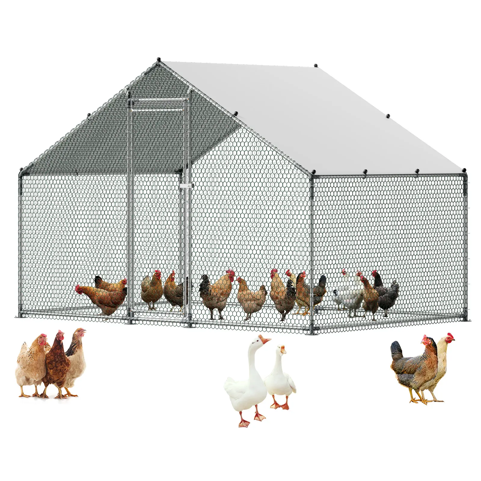 【SummerFinds】VEVOR Large Metal Chicken Coop, 9.8 x 6.6 x 6.6 ft, Walk-in Chicken Runs with Waterproof Cover, Spire Roof Hen House Enclosure with Lock, Outdoor Duck Rabbit Cage Poultry Pen for Backyard, Farm, Yard