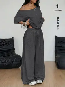 2026 Sexy off Shoulder Two Piece Set, Oversized Top & High Waist Wide Leg Pants, Summer Y2K Streetwear, Lengthen Legs