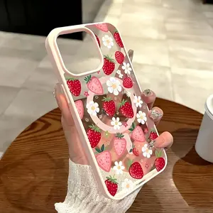 Phone Case: Pink Strawberry Flower Pattern Premium Magnetic Phone Case, Suitable foriPhone 17 E Air Pro ProMax iPhone16 15 14 Plus 13 12 11 X XS XR. A Stylish Summer Y2K Transparent Ultra-thin Design for Fashionable
