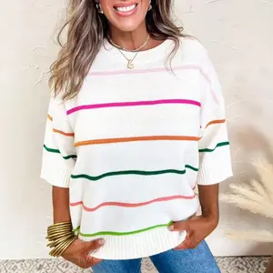 Women's Fashion Style Round Neck Knitted Three-Quarter Sleeve Simple Casual Five-Quarter Sleeve Colorful Striped Top strip print hollow target sweater Knitwear Womenswear v neck cardigan Chic Everyday pink cardigan wobble cardigans White Twist Knitting