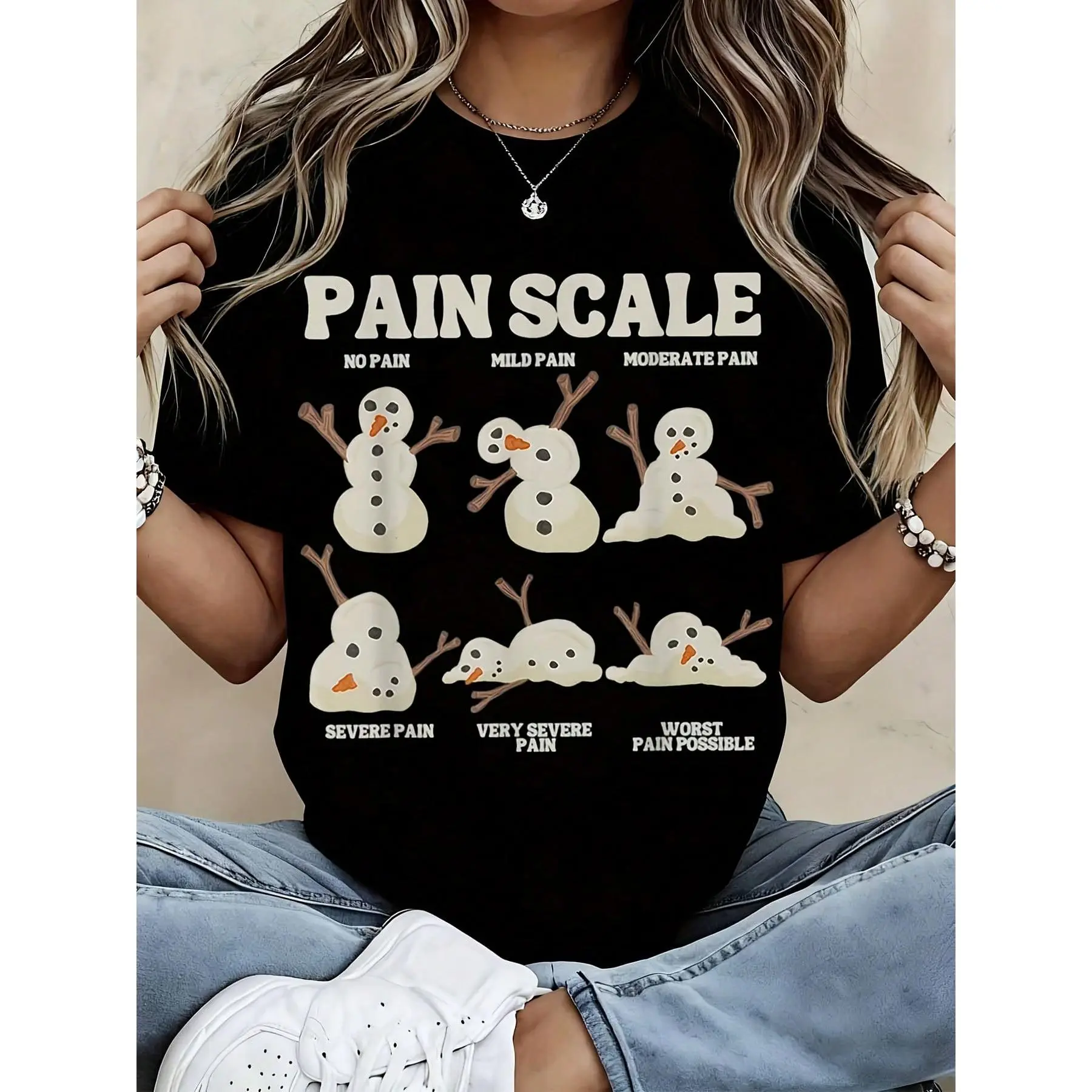 Funny Pain Scale Snowman Graphic T-Shirt, Unisex 100% Cotton Casual Tee, Regular Fit Short Sleeve Streetwear Top, Tshirt, Fabric, Piece