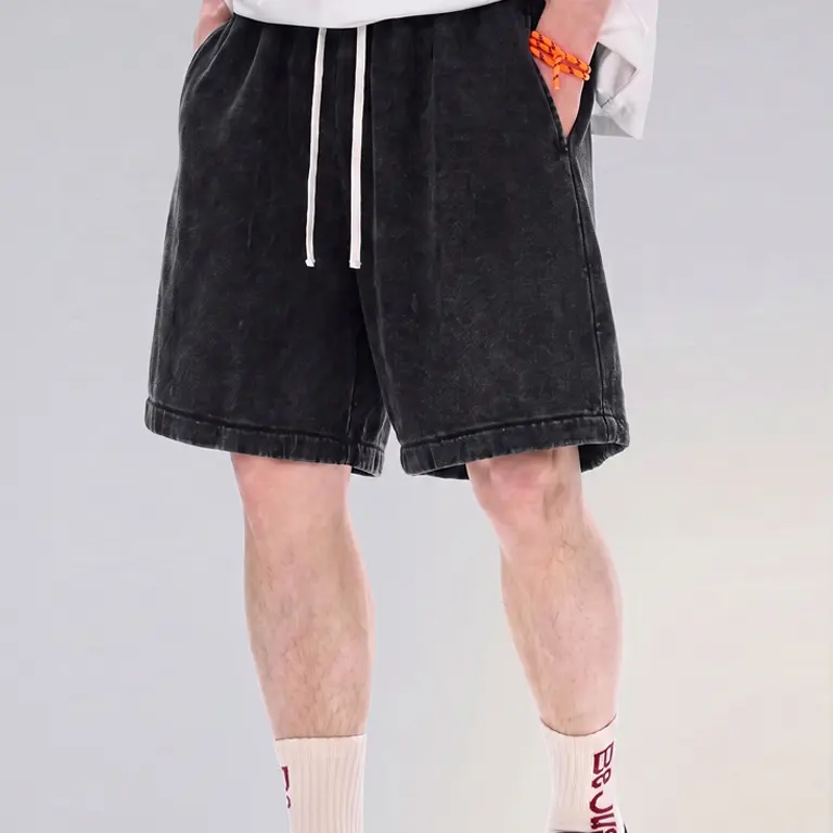TELLFUN Men's Oversized Acid Wash Cotton Sweat Shorts - Chic, Elastic Drawstring Waist, Baggy Bottom, Gym Workout, Streetwear Casual Menswear with Pockets, M